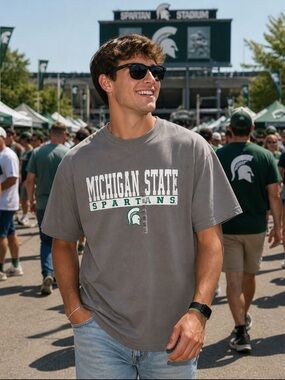 MSU XXL NEW Gildan Gray Michigan State Spartan Graphic Tee with Green Accent NWT